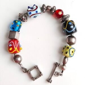 Vintage Silpada Bracelet 925 Sterling Silver Lampwork Glass Beaded Toggle Chunky
